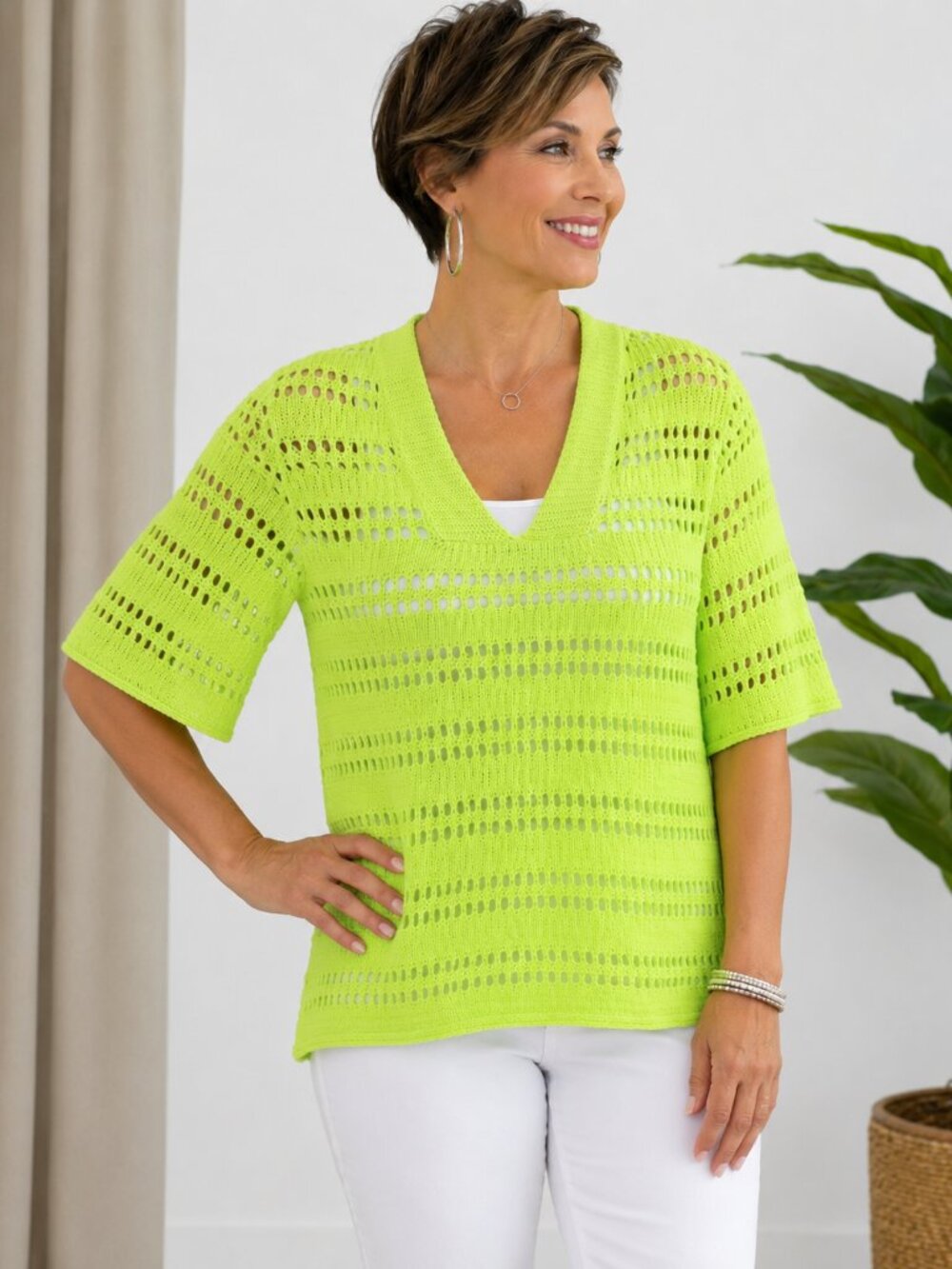 Chico's Size 3 Neon Green Open Knit Crochet V Neck Sweater  Boho